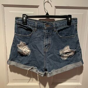 Mid-rise waist denim ripped shorts